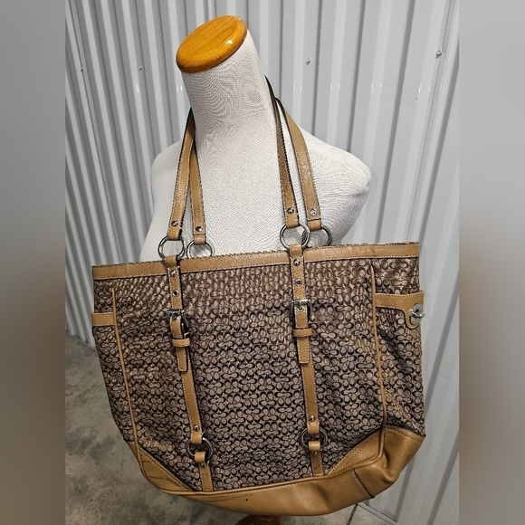 Authentic COACH SIG C JACQUARD & LEATHER HANDBAG TOTE BAG - Picture 9 of 13